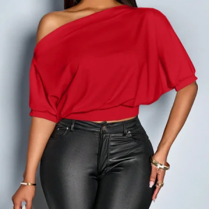 Casual Plain One Shoulder Sleeve T-shirt, Tees, color:Red|size:XXL, Stylewe