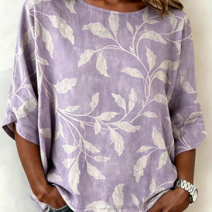 Women Leaf Crew Neck Half Sleeve Shirt Vintage Daily Summer Top, JustFashionNow Blouses, color:Purple|size:5XL
