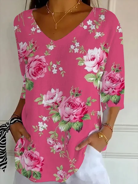 Women Floral Three Quarter Sleeve Tee T-shirt V Neck Printing Casual Graphic Tee Spring/Fall Top, JustFashionNow T-Shirts, color:Pink|size:5XL - Image 2