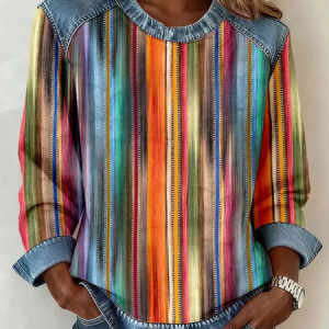 Women Abstract Stripes Crew Neck Printing Vintage Spring/Fall Long Sleeve Sweatshirt, JustFashionNow Sweatshirts & Hoodies, color:As Picture|size:4XL