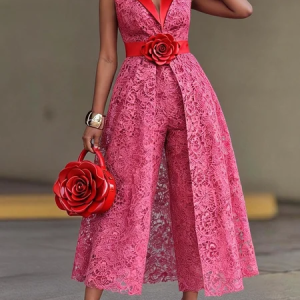 Elegant Plain Lapel Collar Vest With 3D Floral Belt, Vests and Gilets, color:Rose Red|size:XXL, Stylewe