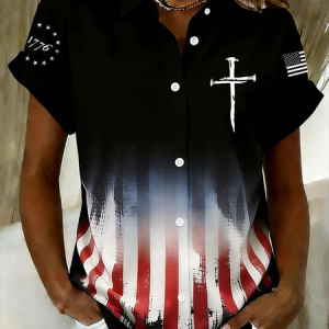Women America Flag Shirt Collar Short Sleeve Shirt Printing Casual Daily Summer Top, JustFashionNow Shirts, color:Black|size:XXL