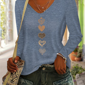 Women Heart/Cordate Long Sleeve Tee T-shirt V Neck Printing Casual Graphic Tee Spring/Fall Top, JustFashionNow T-Shirts, color:Blue|size:XXL