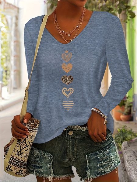 Women Heart/Cordate Long Sleeve Tee T-shirt V Neck Printing Casual Graphic Tee Spring/Fall Top, JustFashionNow T-Shirts, color:Blue|size:XXL