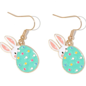 Cute Easter Party Color Block Patchwork Earrings Cartoon Bunny Easter Egg Alloy Electroplated Drop Enamel Earrings, JustFashionNow Earrings, color:mint|size:One-size