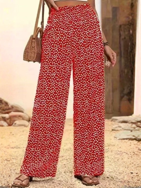 Women Polka Dots Long Elastic Waist Pants Casual Spring/Fall Trousers, JustFashionNow Pants, color:Red|size:XXL