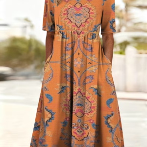 Women Ethnic Short Sleeve Crew Neck Printing Dress Daily Casual Maxi Shift Dress H-Line Summer Dress, JustFashionNow Casual Dresses, color:Orange|size:4XL
