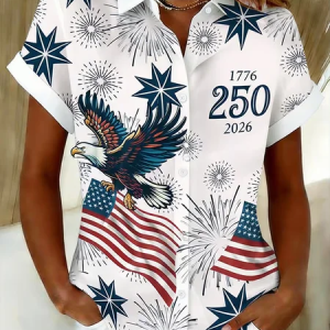 Women Independence Day (Flag) Shirt Collar Short Sleeve Shirt Printing Casual Daily Summer Top, JustFashionNow Shirts, color:White|size:XXL
