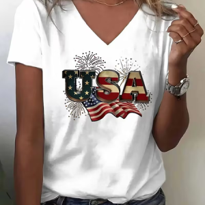 Women Text Letters Short Sleeve Tee T-shirt V Neck Casual Summer Top, JustFashionNow T-Shirts, color:White|size:XXL