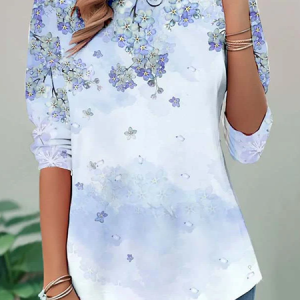 Women Floral Long Sleeve Tee T-shirt Crew Neck Printing Casual Tunic Spring/Fall Top, JustFashionNow T-Shirts, color:Blue|size:XXL