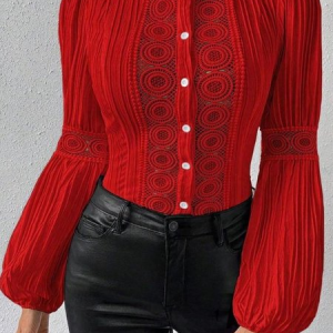 Women Geometric Crew Neck Long Sleeve Shirt Split Joint Balloon Sleeve Vintage Daily Spring/Fall Top, JustFashionNow Blouses, color:Red|size:4XL