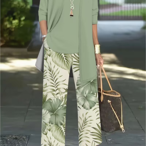 Women Plants Printing Matching Outfit Daily Long Sleeve Casual Spring/Fall Multi-Piece Set Matching Set, JustFashionNow Suit Set, color:Green|size:XXL
