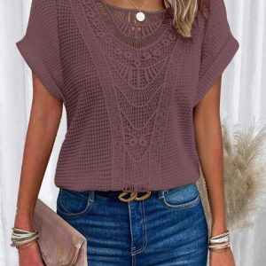 Women Plain Short Sleeve Tee T-shirt Crew Neck Elegant Summer Top, JustFashionNow T-Shirts, color:Fuchsia|size:XXL