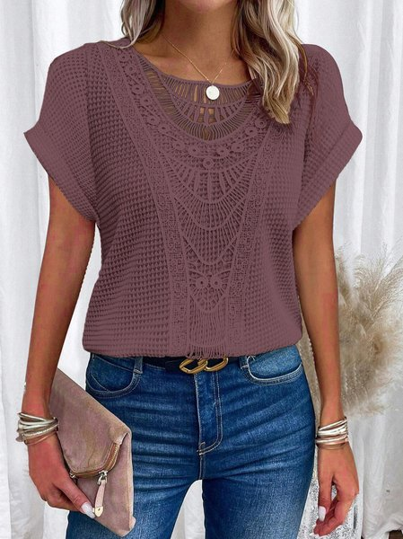 Women Plain Short Sleeve Tee T-shirt Crew Neck Elegant Summer Top, JustFashionNow T-Shirts, color:Fuchsia|size:XXL