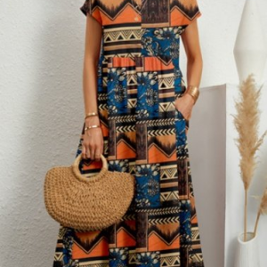 Women Geometric Short Sleeve Crew Neck Printing Dress Daily Vintage Maxi Tank A-Line Summer Dress, JustFashionNow Dresses, color:Black|size:XXL