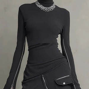 Plus Size Urban Plain Zipper Mock Neck T-shirt, Plus Tops, color:Black|size:4X, Stylewe