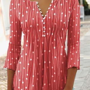 Women Geometric V Neck Three Quarter Sleeve Blouse Casual Daily Spring/Fall Top, JustFashionNow Shirts, color:Red|size:5XL