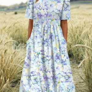 Women Floral Short Sleeve Crew Neck Printing Dress Daily Casual Maxi Shift Dress H-Line Summer Dress, JustFashionNow Casual Dresses, color:As Picture|size:4XL