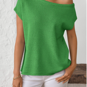 Women's knitwear Y2K summer knit sweater curved beaded ice silk fabric knitted pullover oblique shoulder round neck top, JustFashionNow T-Shirts, color:Green|size:XL