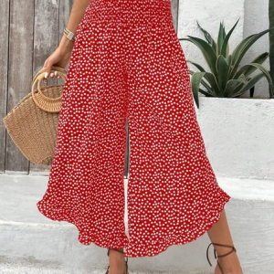 Women Floral Long Elastic Waist Pants Casual Spring/Fall Trousers, JustFashionNow Pants, color:Red|size:XXL