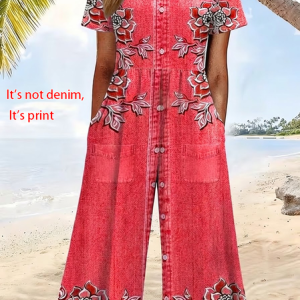 Women Floral V Neck Half Sleeve Casual Summer Jumpsuit, JustFashionNow Jumpsuits＆Rompers, color:Red|size:4XL