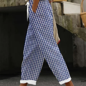 Women Plaid Long Pants Casual Spring/Fall Trousers, JustFashionNow Pants, color:Blue|size:5XL