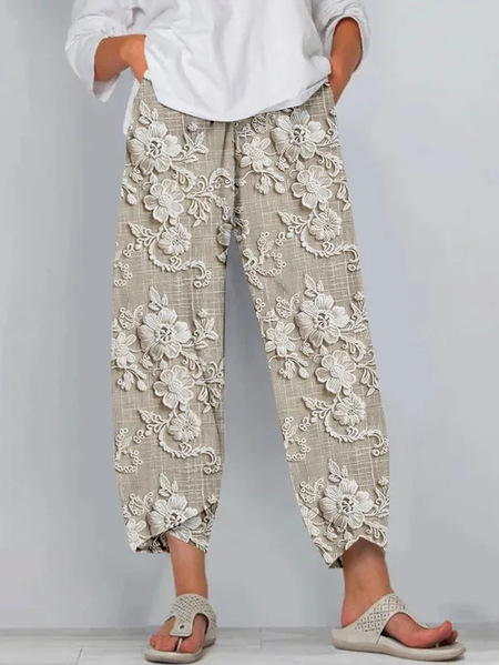 Women Floral Capris Pant Casual Summer Trousers, JustFashionNow Pants, color:Apricot|size:5XL