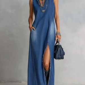 Casual Plain Slit Shirt Collar Maxi Denim Dress, Maxi Dresses, color:Denim Blue|size:XXL, Stylewe