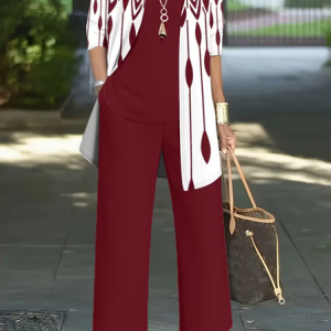 Women Abstract Printing Matching Outfit Daily Long Sleeve Casual Spring/Fall Multi-Piece Set Matching Set, JustFashionNow Suit Set, color:Wine Red|size:XXL