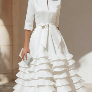Elegant Plain Folds Peplum Notched Party Midi Dress With Belt, Cocktail Dresses, color:White|size:XXL, Stylewe