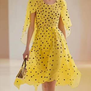 Elegant Polka Dots Printing Crew Neck Knee Length Dress, Midi Dresses, color:Yellow|size:XXL, Stylewe