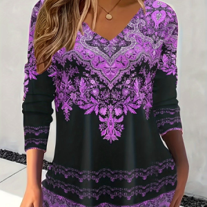 Women Ethnic Long Sleeve Tee T-shirt V Neck Printing Casual Graphic Tee Spring/Fall Top, JustFashionNow T-Shirts, color:Purple|size:XXL