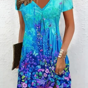 Women's Floral Short Sleeve Summer Printing Dress V Neck Daily Casual Knee Length T-Shirt Dress H-Line Dress, JustFashionNow Casual Dresses, color:As Picture|size:XXL