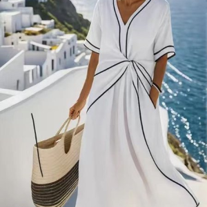 Women Striped Short Sleeve Summer Split Joint Dress V Neck Daily Vintage Maxi Tank A-Line Dress, JustFashionNow Dresses, color:White|size:3XL