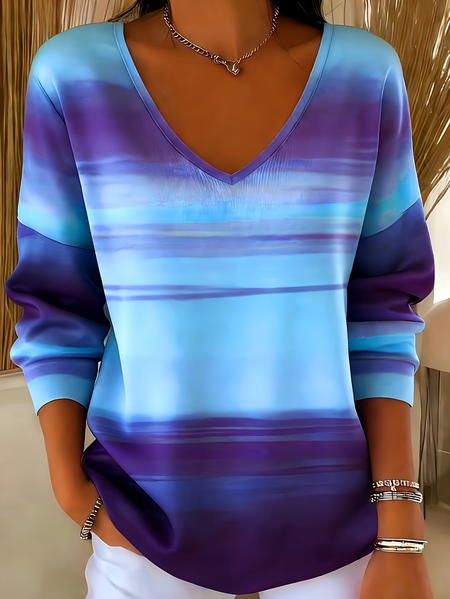 Women Abstract Long Sleeve Tee T-shirt V Neck Printing Casual Spring/Fall Top, JustFashionNow T-Shirts, color:Blue|size:4XL - Image 5