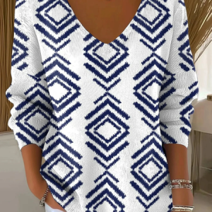 Women Abstract Long Sleeve Tee T-shirt V Neck Printing Casual Spring/Fall Top, JustFashionNow T-Shirts, color:White|size:4XL