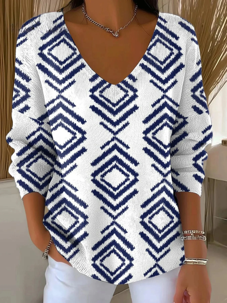 Women Abstract Long Sleeve Tee T-shirt V Neck Printing Casual Spring/Fall Top, JustFashionNow T-Shirts, color:White|size:4XL
