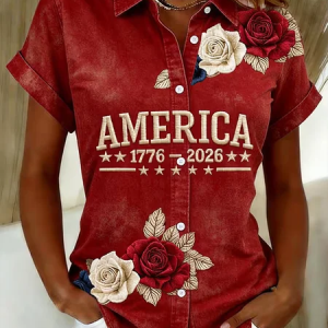 Women Floral Shirt Collar Short Sleeve Shirt Printing Casual Daily Summer Top, JustFashionNow Shirts, color:Red|size:XXL