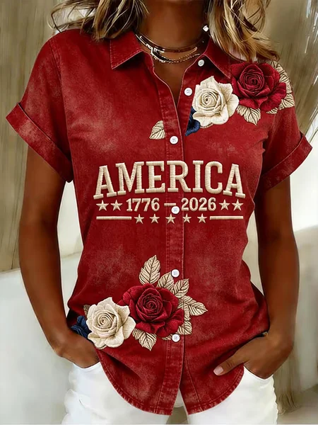 Women Floral Shirt Collar Short Sleeve Shirt Printing Casual Daily Summer Top, JustFashionNow Shirts, color:Red|size:XXL