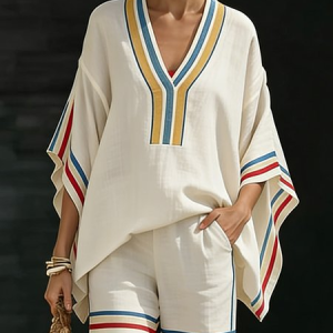 Casual Striped Printing V Neck Raglan Sleeves Blouse, Blouses and Shirts, color:As Picture|size:XXL, Stylewe