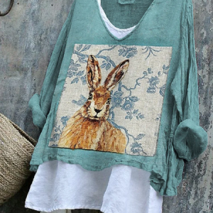 Women Easter (rabbit) V Neck Long Sleeve Blouse Printing Casual Daily Spring/Fall Top, JustFashionNow Blouses, color:Cyan|size:5XL