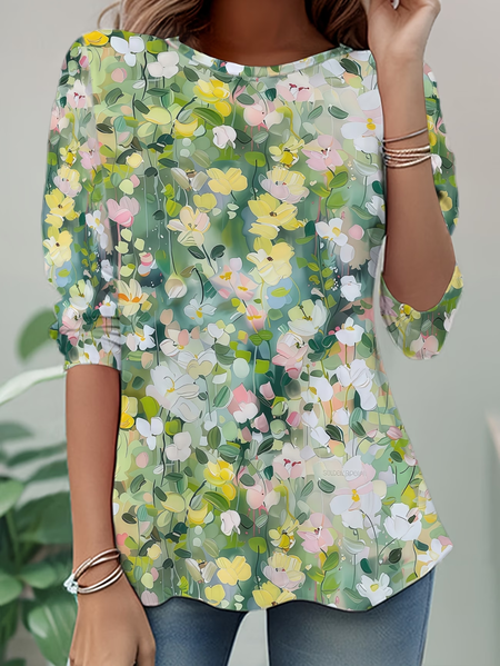 Women Floral Long Sleeve Tee T-shirt Crew Neck Printing Casual Tunic Spring/Fall Top, JustFashionNow T-Shirts, color:Green|size:XXL - Image 2