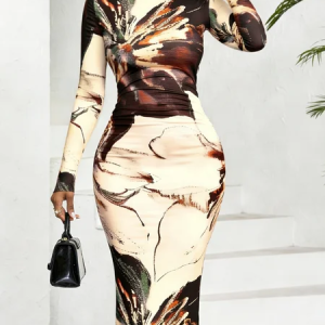 Elegant Floral  Printing Crew Neck Midi Dress, Midi Dresses, color:As Picture|size:XXL, Stylewe