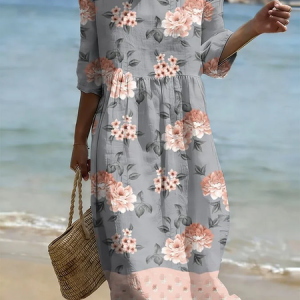 Women Floral Half Sleeve Crew Neck Printing Dress Daily Casual Maxi H-Line Summer Dress, JustFashionNow Casual Dresses, color:Gray|size:4XL