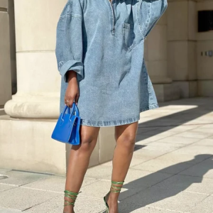 Denim Casual Plain Zipper Shirt Collar Mini Dress, Mini Dresses, color:Blue|size:XXL, Stylewe