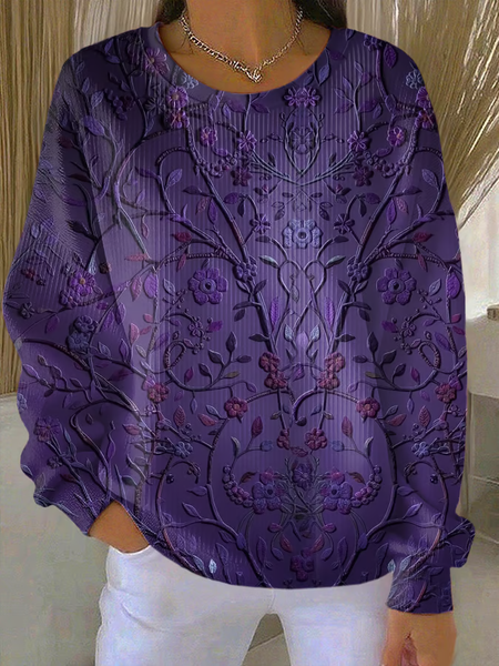 Women Floral Crew Neck Printing Casual Spring/Fall Long Sleeve Sweatshirt, JustFashionNow Sweatshirts & Hoodies, color:Purple|size:5XL - Image 2