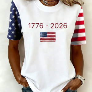 Women Independence Day (Flag) Short Sleeve Tee T-shirt Crew Neck Printing Casual Graphic Tee Summer Top, JustFashionNow T-Shirts, color:White|size:XXL