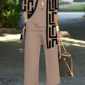 Women Abstract Printing Matching Outfit Daily Long Sleeve Casual Spring/Fall Multi-Piece Set Matching Set, JustFashionNow Suit Set, color:Khaki|size:XXL