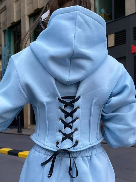 Casual Plain Lace-up Hoodie, Hoodies and Sweatshirts, color:Blue|size:XXL, Stylewe