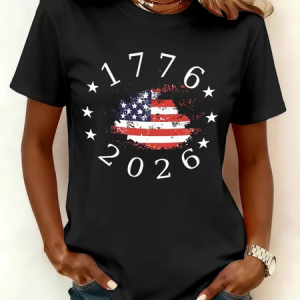 Women America Flag Short Sleeve Tee T-shirt Crew Neck Printing Casual Graphic Tee Summer Top, JustFashionNow T-Shirts, color:Black|size:XXL